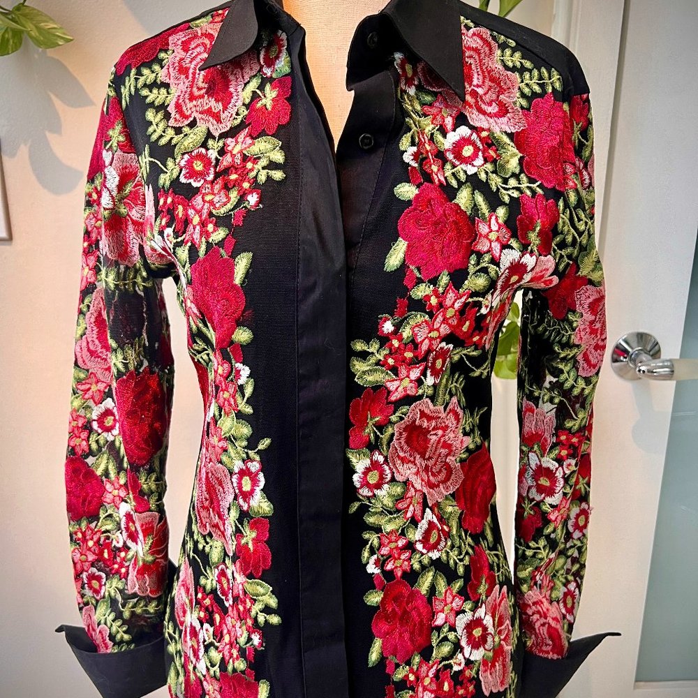 NARACAMICIE, Made in Italy, Sheer Black & Embroidered Blouse, Like New, Sz 0